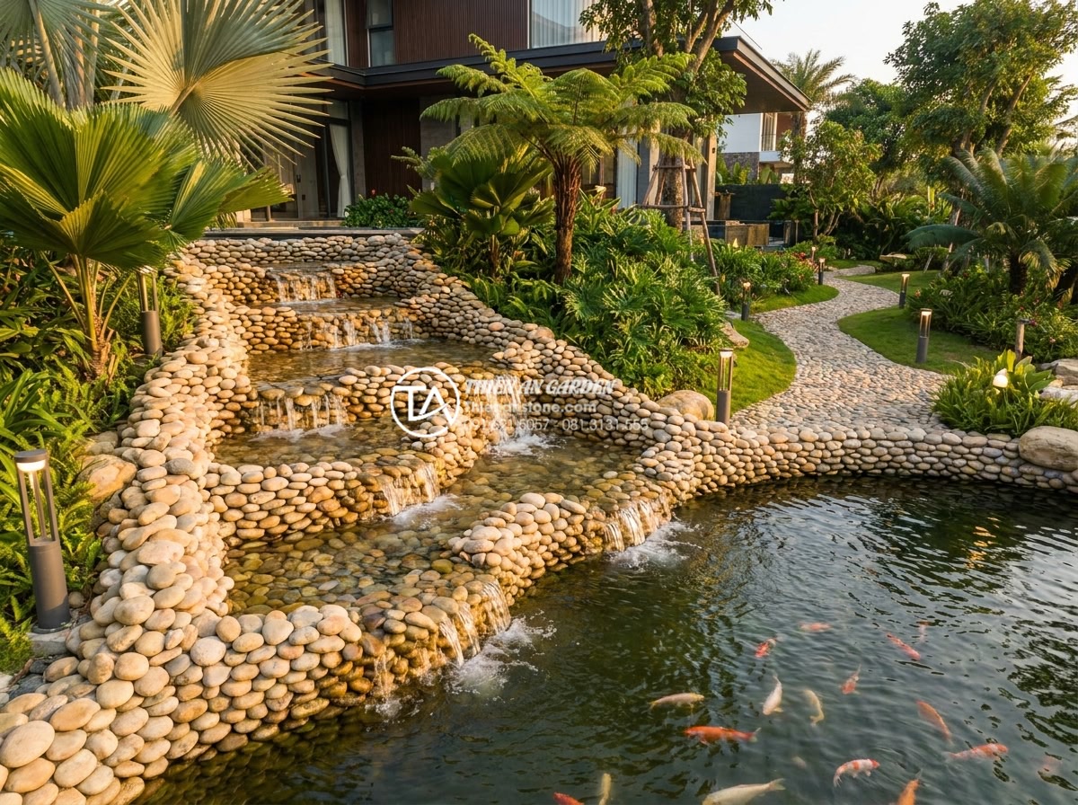 Thiết kế tiểu cảnh thác nước sân vườn lớn cho biệt thự và resort - Photorealistic wide-angle view of a massive multi-tiered natural stone waterfall