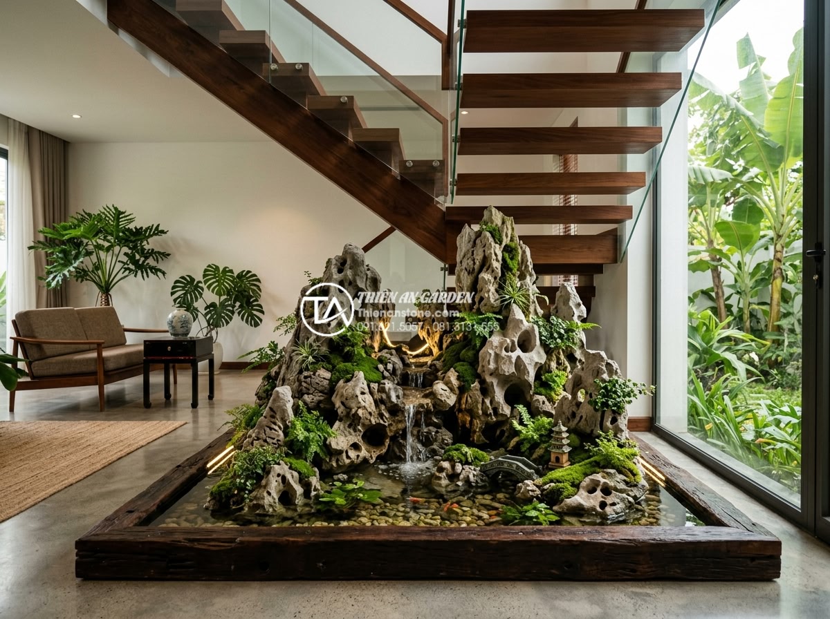 Tiểu cảnh non bộ gầm cầu thang: Cách hóa giải góc chết trong nội thất - High-resolution realistic interior photo of a luxurious modern Vietnamese villa 