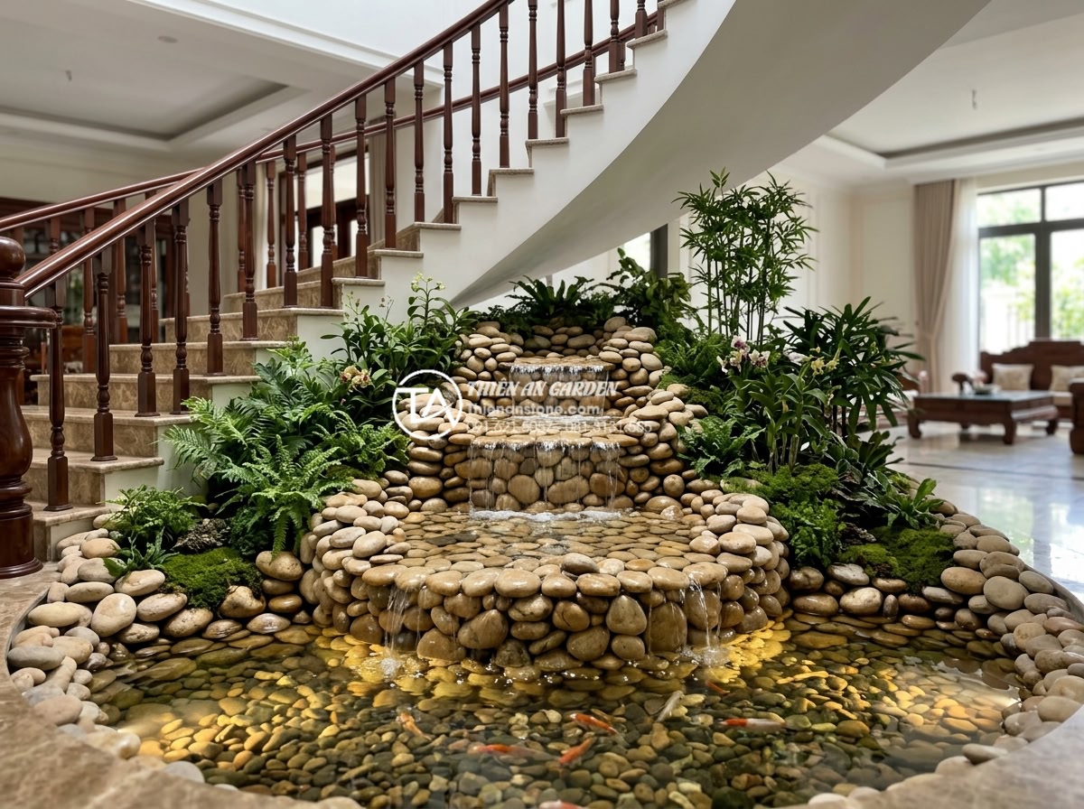 Tiểu cảnh non bộ gầm cầu thang: Cách hóa giải góc chết trong nội thất - Beautiful realistic rendering of a popular 3-tier waterfall hon non bo design un
