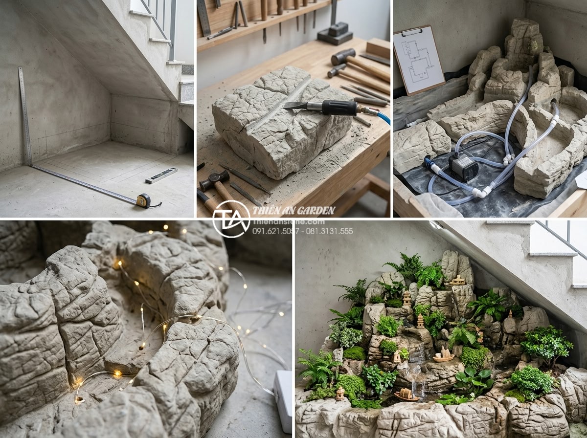 Tiểu cảnh non bộ gầm cầu thang: Cách hóa giải góc chết trong nội thất - Step-by-step construction process collage of a professional hon non bo installat