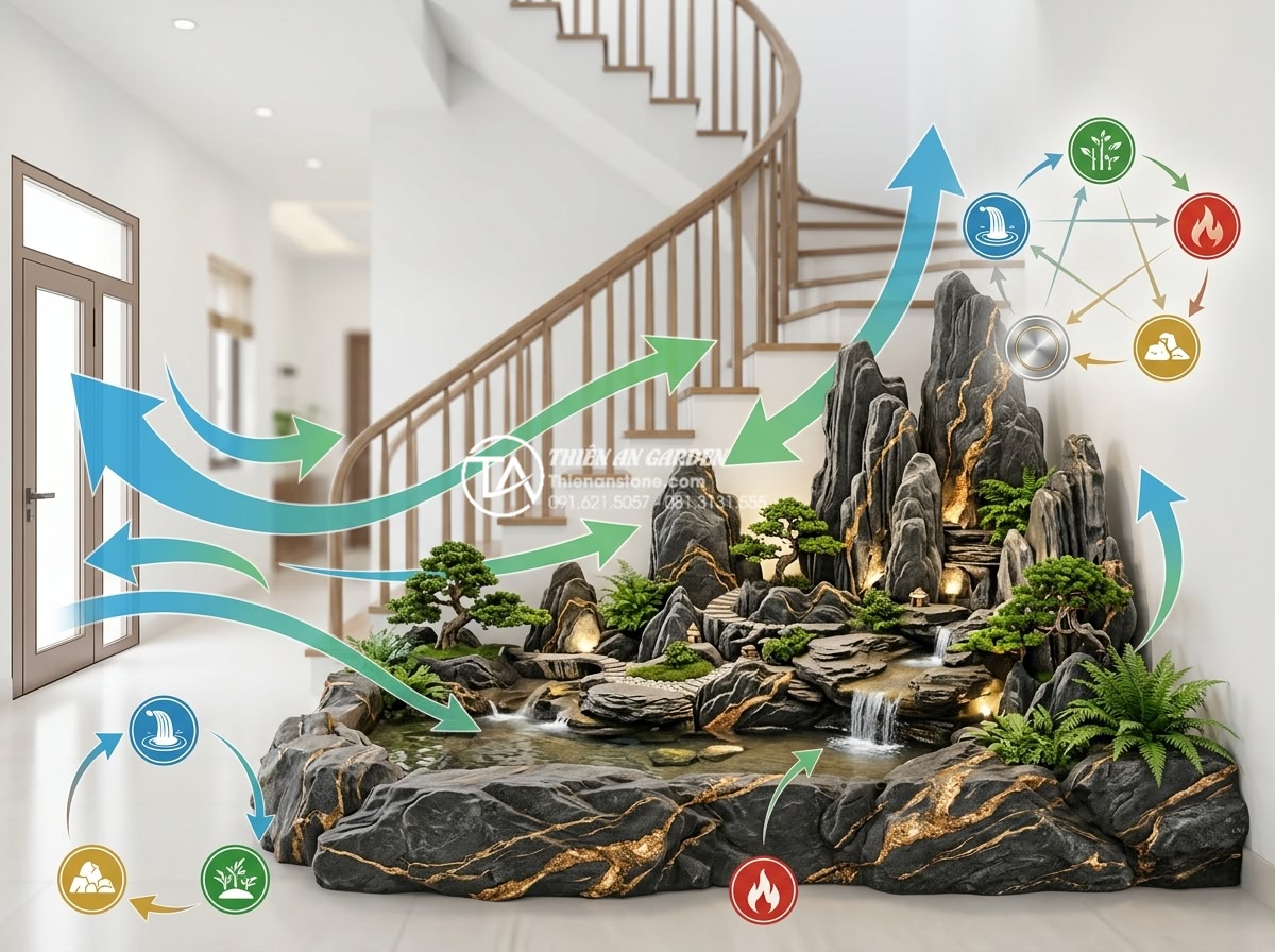 Tiểu cảnh non bộ gầm cầu thang: Cách hóa giải góc chết trong nội thất - Artistic illustration of feng shui principles applied to an under-stair hon non 