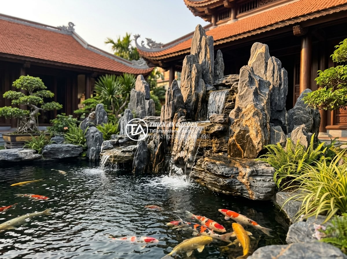 Tiểu cảnh thác nước kết hợp hồ cá Koi: Đẳng cấp không gian sống thượng lưu - Hình 10 Tiểu cảnh thác nước kết hợp hồ cá Koi: Đẳng cấp không gian sống thượng lưu - Professional team from Da Canh Thien An company posing proudly in front of a com