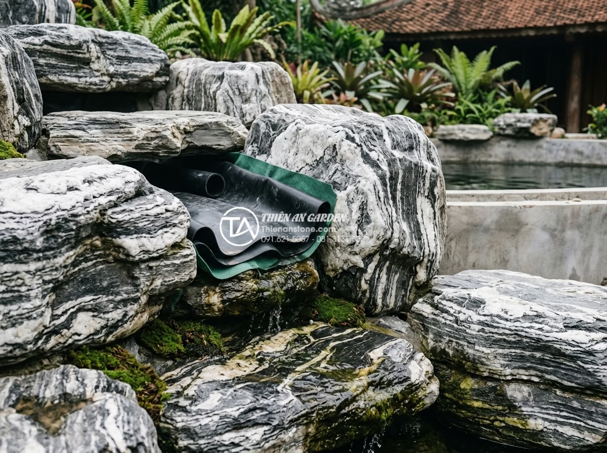 Tiểu cảnh thác nước kết hợp hồ cá Koi: Đẳng cấp không gian sống thượng lưu - Hình 4 Tiểu cảnh thác nước kết hợp hồ cá Koi: Đẳng cấp không gian sống thượng lưu - Detailed close-up of expert stonemasons arranging massive natural granite and ba