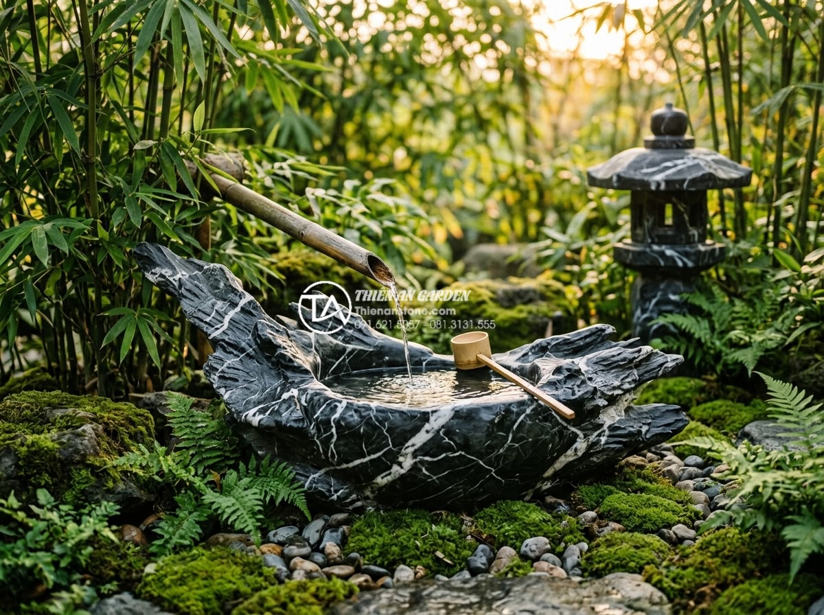 Tiểu cảnh thác nước phong cách Nhật Bản: Sự tinh tế của đá và nước - Serene traditional Japanese tsukubai stone water basin carved from natural volca