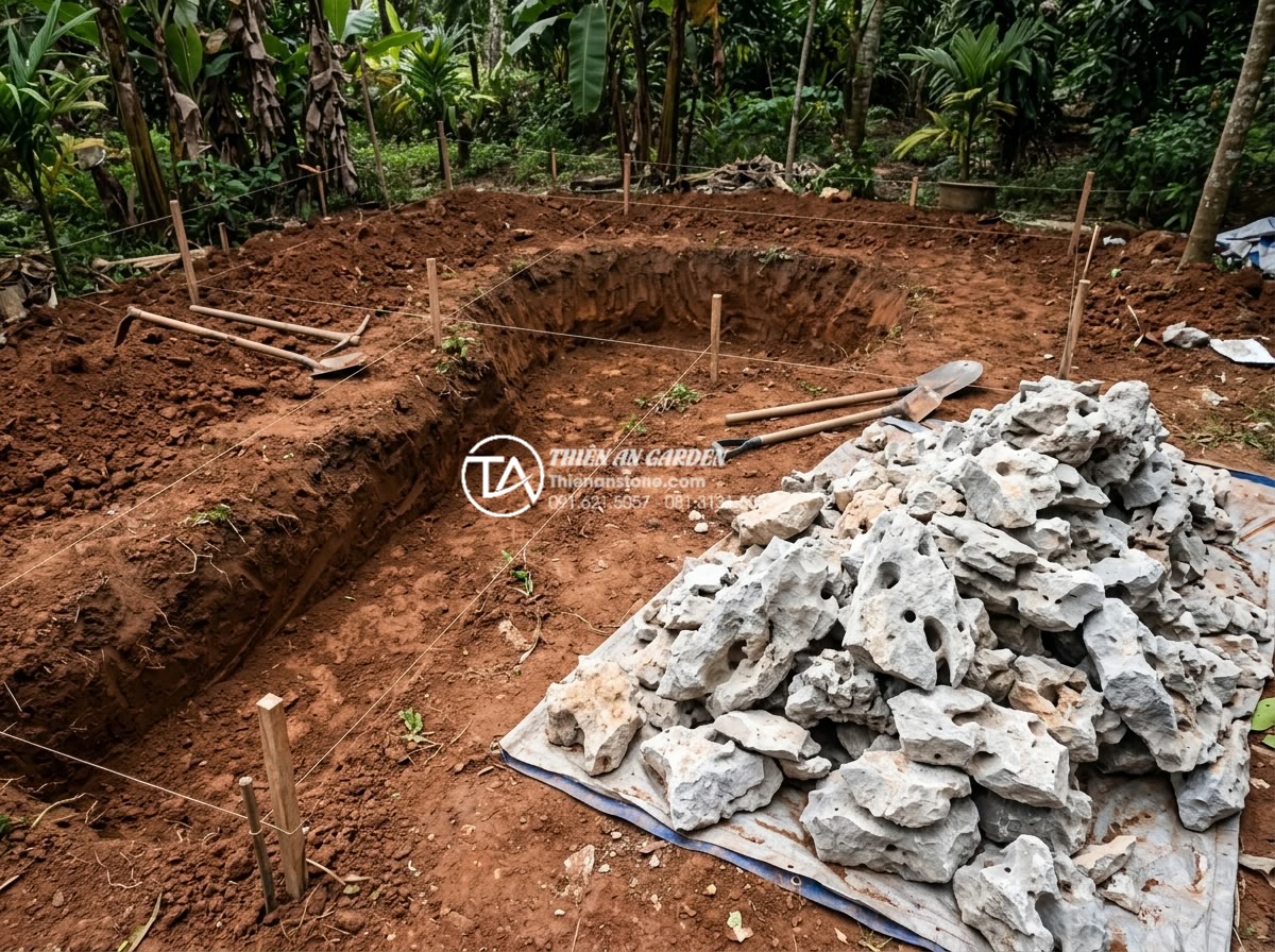 Tiểu cảnh thác nước phong cách Nhật Bản: Sự tinh tế của đá và nước - Step-by-step construction process of Japanese style garden waterfall showing exc