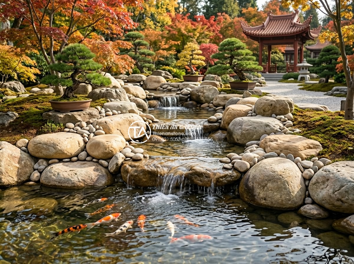 Tiểu cảnh thác nước phong cách Nhật Bản: Sự tinh tế của đá và nước - Wide angle view of a Japanese-style garden water feature with multiple layers of