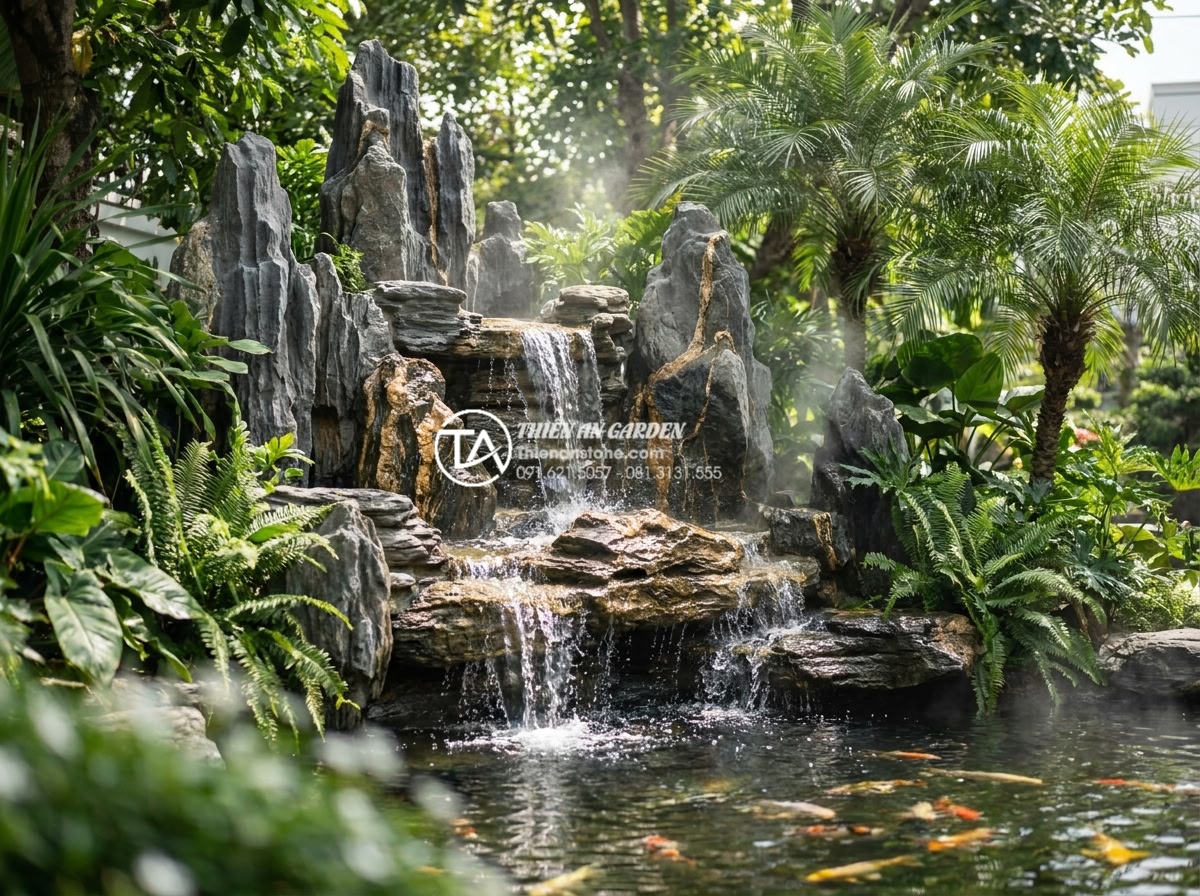 Tiểu cảnh thác nước sân vườn: Nghệ thuật thiết kế và thi công từ A-Z - Realistic high-resolution photograph of a small natural stone waterfall in a lus