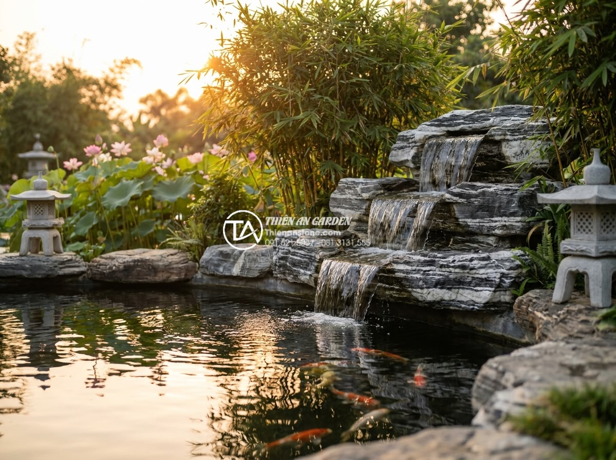Tiểu cảnh thác nước sân vườn: Nghệ thuật thiết kế và thi công từ A-Z - Serene Vietnamese garden scene featuring an elegant natural stone waterfall flow