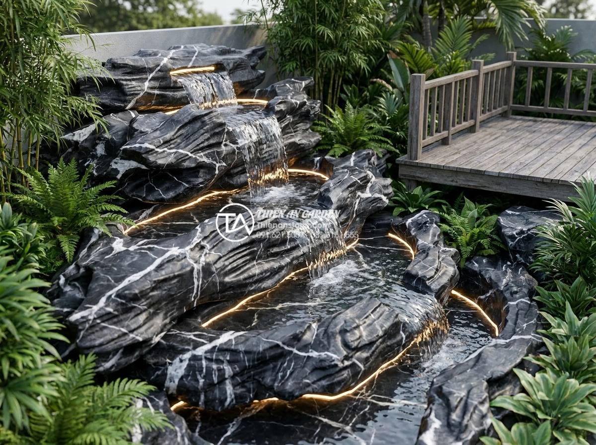 Tiểu cảnh thác nước sân vườn: Nghệ thuật thiết kế và thi công từ A-Z - Architectural 3D rendering of a beautifully designed Vietnamese garden waterfall