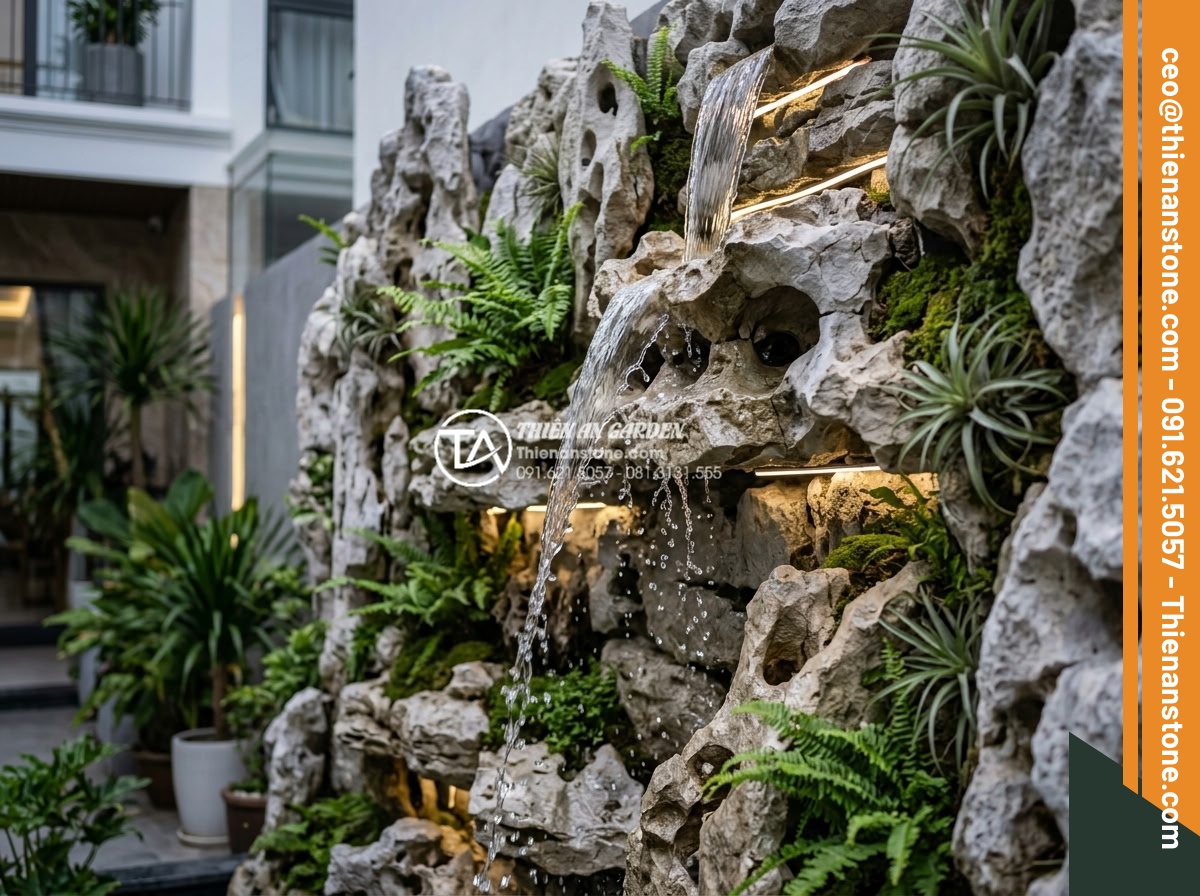 Tiểu cảnh thác nước trên tường: Giải pháp tối ưu cho sân vườn phố - Professional high-resolution photograph of a modern vertical wall waterfall in a