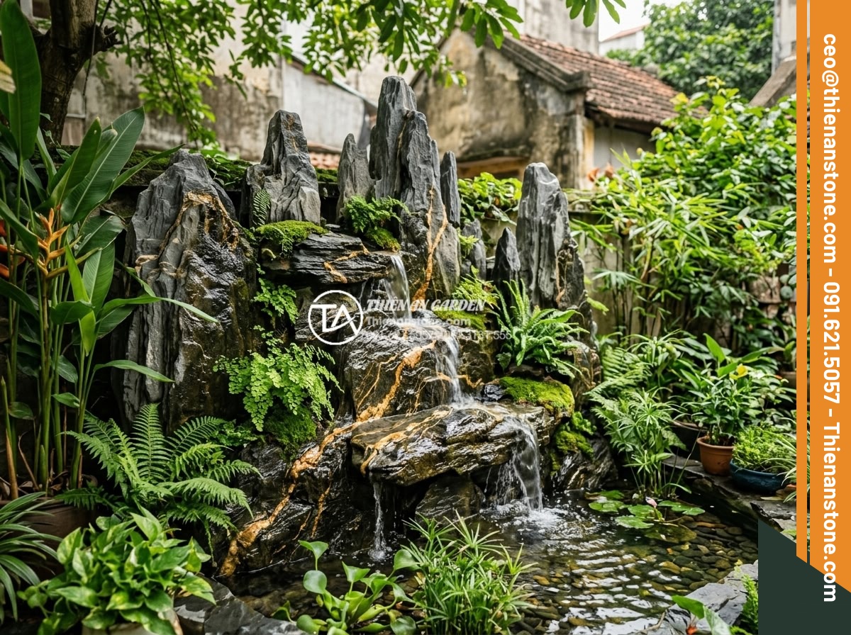 Tiểu cảnh thác nước trên tường: Giải pháp tối ưu cho sân vườn phố - Detailed realistic image of an elegant stone wall waterfall integrated into a co