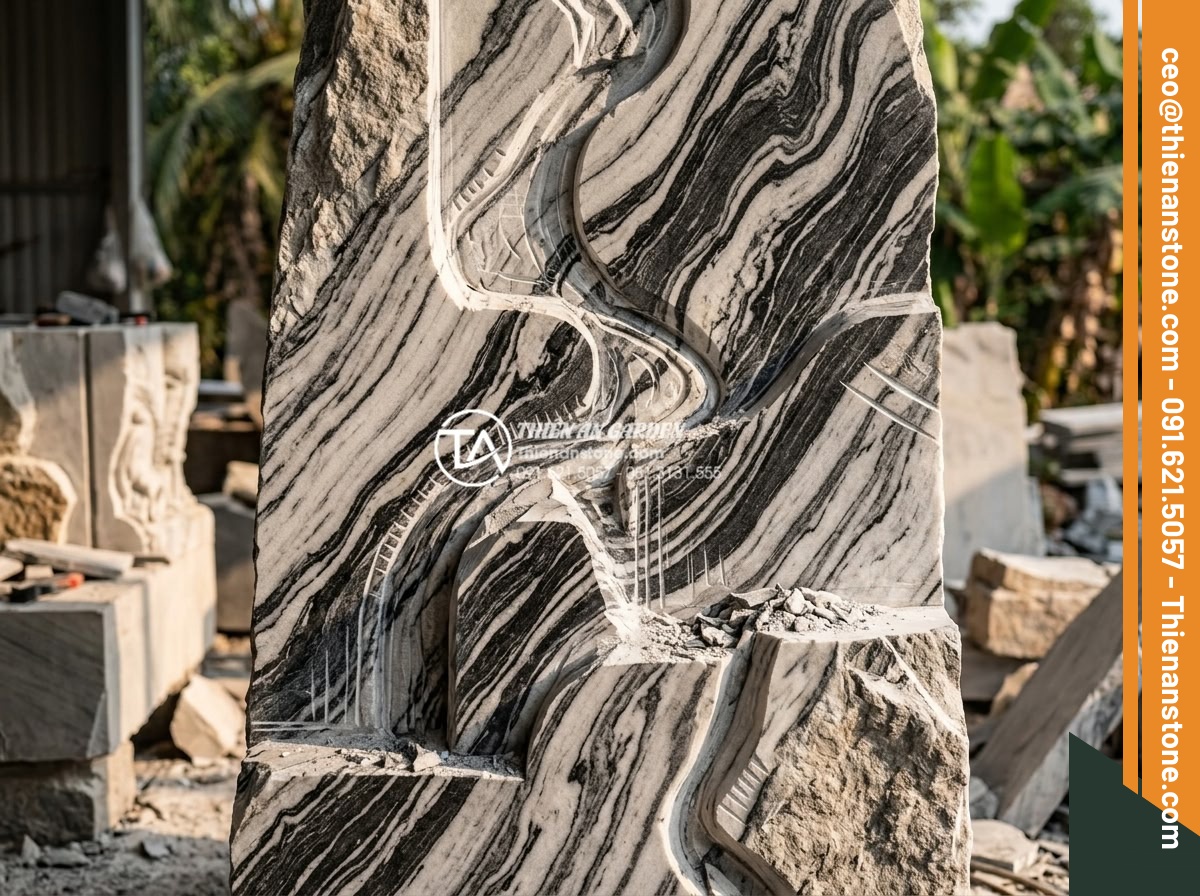 Tiểu cảnh thác nước trên tường: Giải pháp tối ưu cho sân vườn phố - Close-up professional photograph of premium natural granite and sandstone slabs 