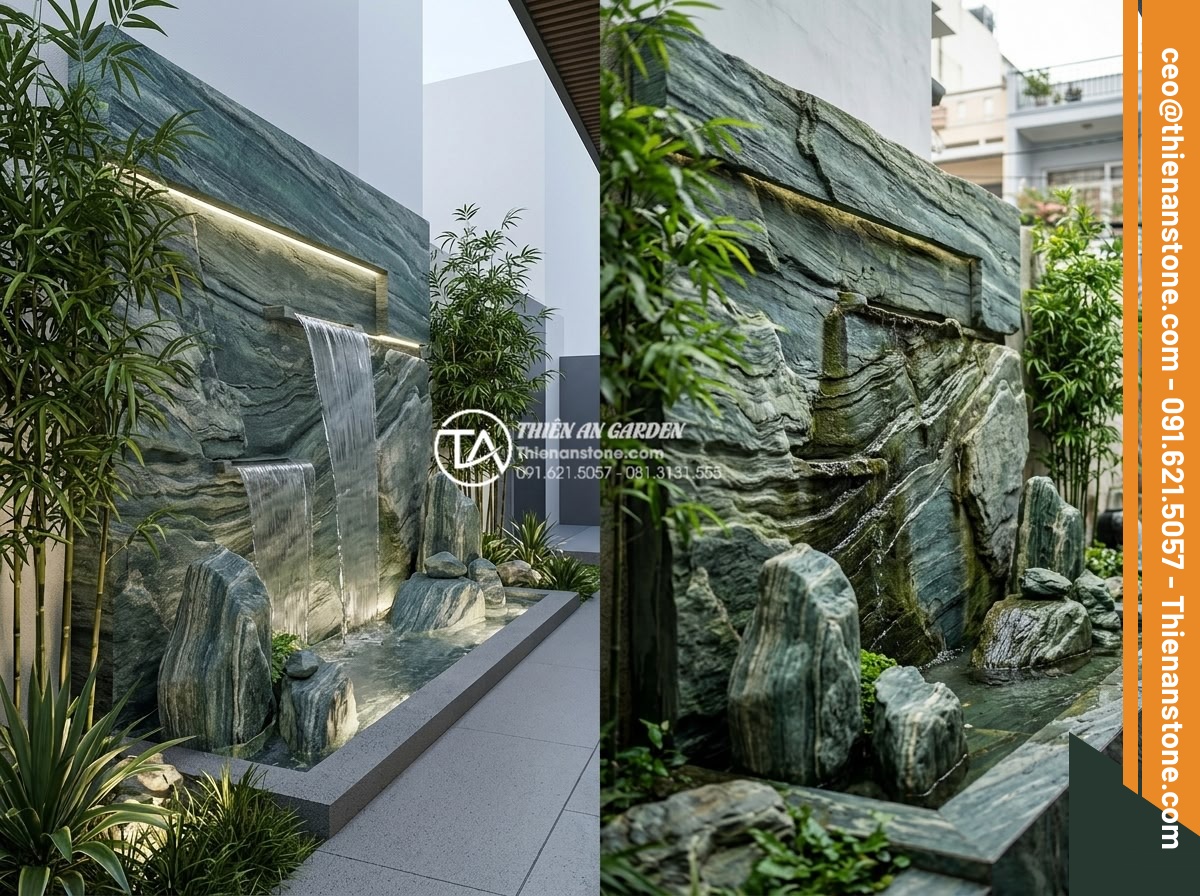 Tiểu cảnh thác nước trên tường: Giải pháp tối ưu cho sân vườn phố - Architectural rendering and real photo comparison of a contemporary Vietnamese u