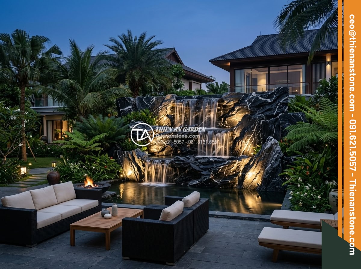 Tiểu cảnh thác nước trên tường: Giải pháp tối ưu cho sân vườn phố - High-resolution professional photo of a luxurious multi-tiered stone wall waterf