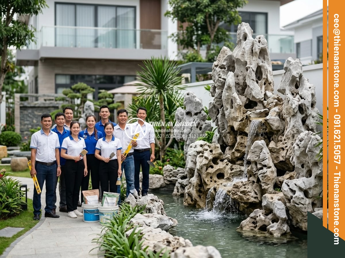 Tiểu cảnh thác nước trên tường: Giải pháp tối ưu cho sân vườn phố - Professional team photo of Đá Cảnh Thiên An experts standing proudly beside a co