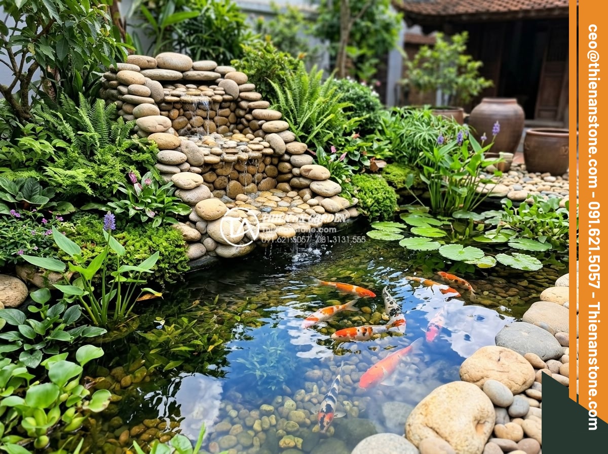 Top 10 loại cây thủy sinh và cây trang trí thác nước sân vườn đẹp nhất - Healthy thriving aquatic garden after proper maintenance, lush green plants arou