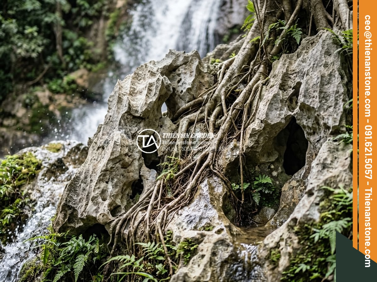 Top 10 loại cây thủy sinh và cây trang trí thác nước sân vườn đẹp nhất - Detailed view of plant roots naturally gripping textured stone surface at waterf