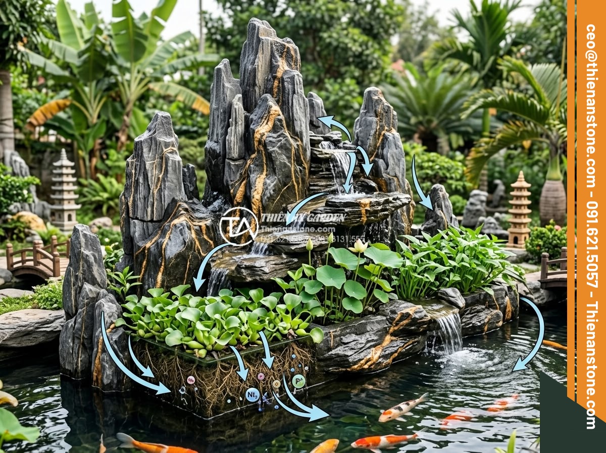Top 10 loại cây thủy sinh và cây trang trí thác nước sân vườn đẹp nhất - Technical diagram style yet realistic image showing how aquatic plants work as n