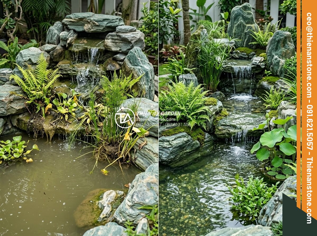 Top 10 loại cây thủy sinh và cây trang trí thác nước sân vườn đẹp nhất - Educational comparison image showing common mistakes in aquatic plant placement 