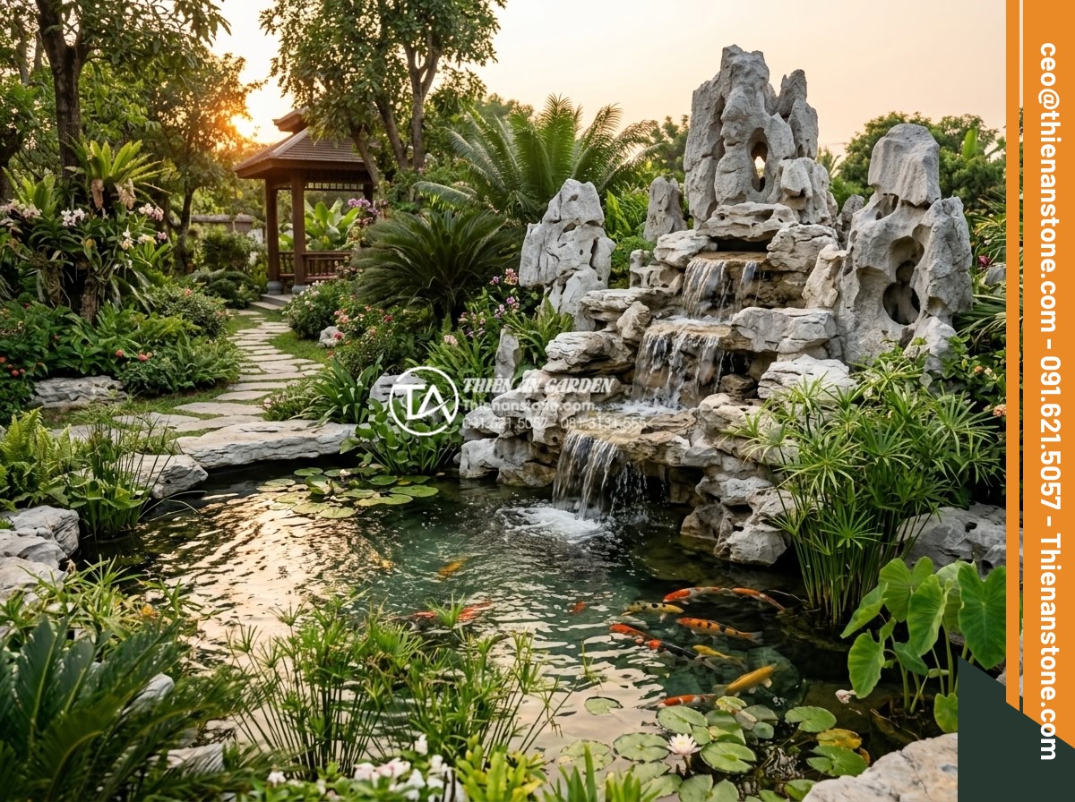 Top 10 loại cây thủy sinh và cây trang trí thác nước sân vườn đẹp nhất - Final professional hero shot of complete luxurious Vietnamese garden with stunni