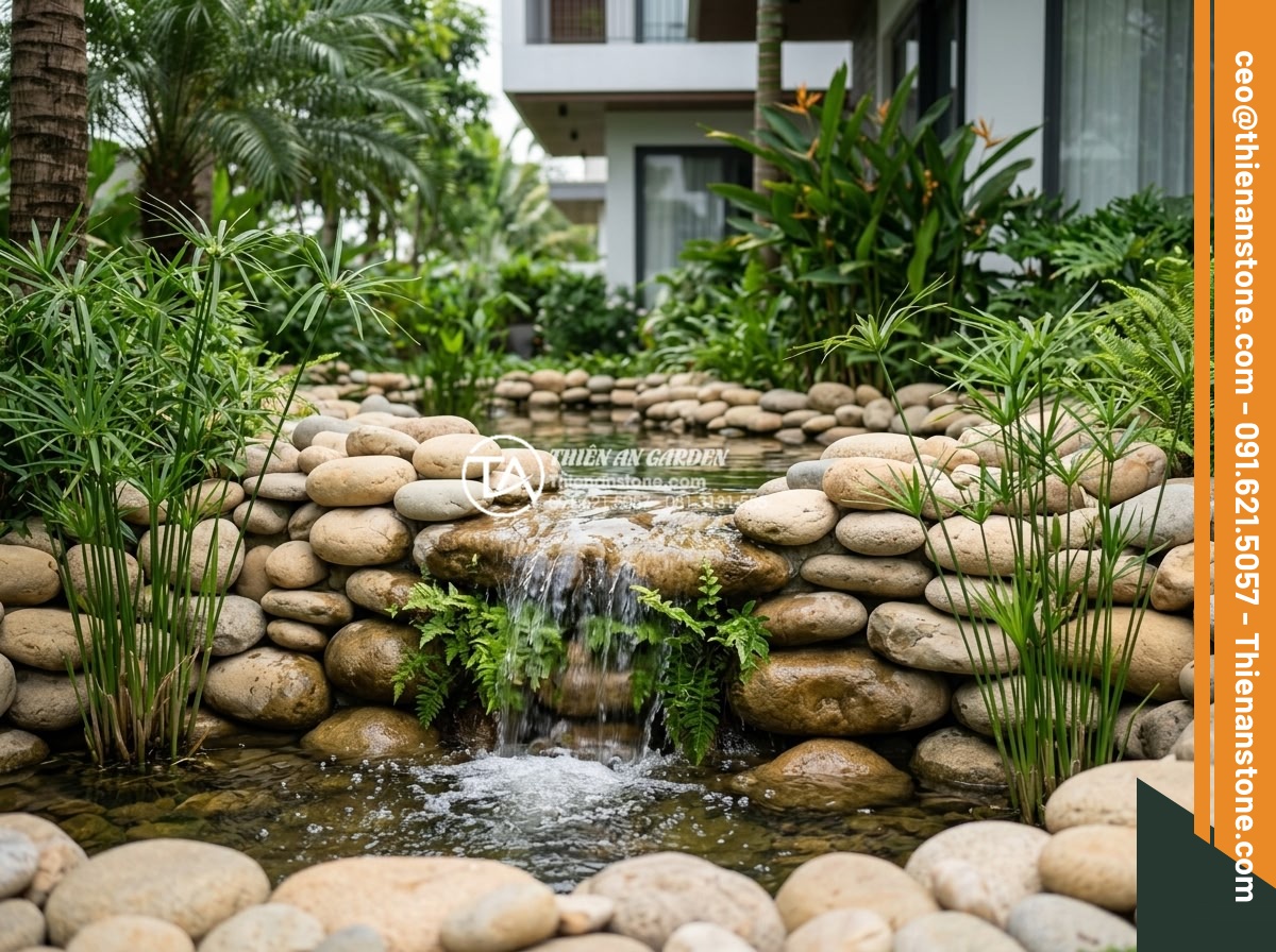 Top 10 loại cây thủy sinh và cây trang trí thác nước sân vườn đẹp nhất - Detailed landscape view of modern Vietnamese villa garden featuring elegant natu