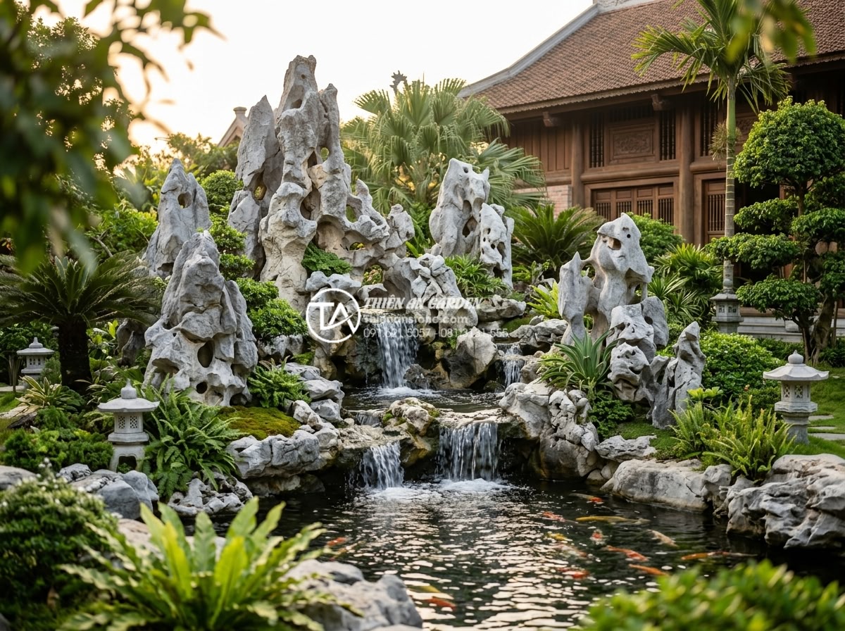 Top 10 mẫu non bộ kết hợp thác nước phong thủy cực phẩm cho biệt thự - Luxurious Vietnamese villa garden featuring a grand natural stone non-bo rockery