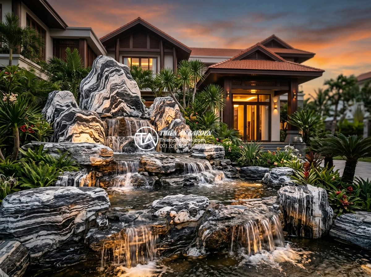 Top 10 mẫu non bộ kết hợp thác nước phong thủy cực phẩm cho biệt thự - Grand imposing black granite non-bo rockery with powerful multi-tier cascading w
