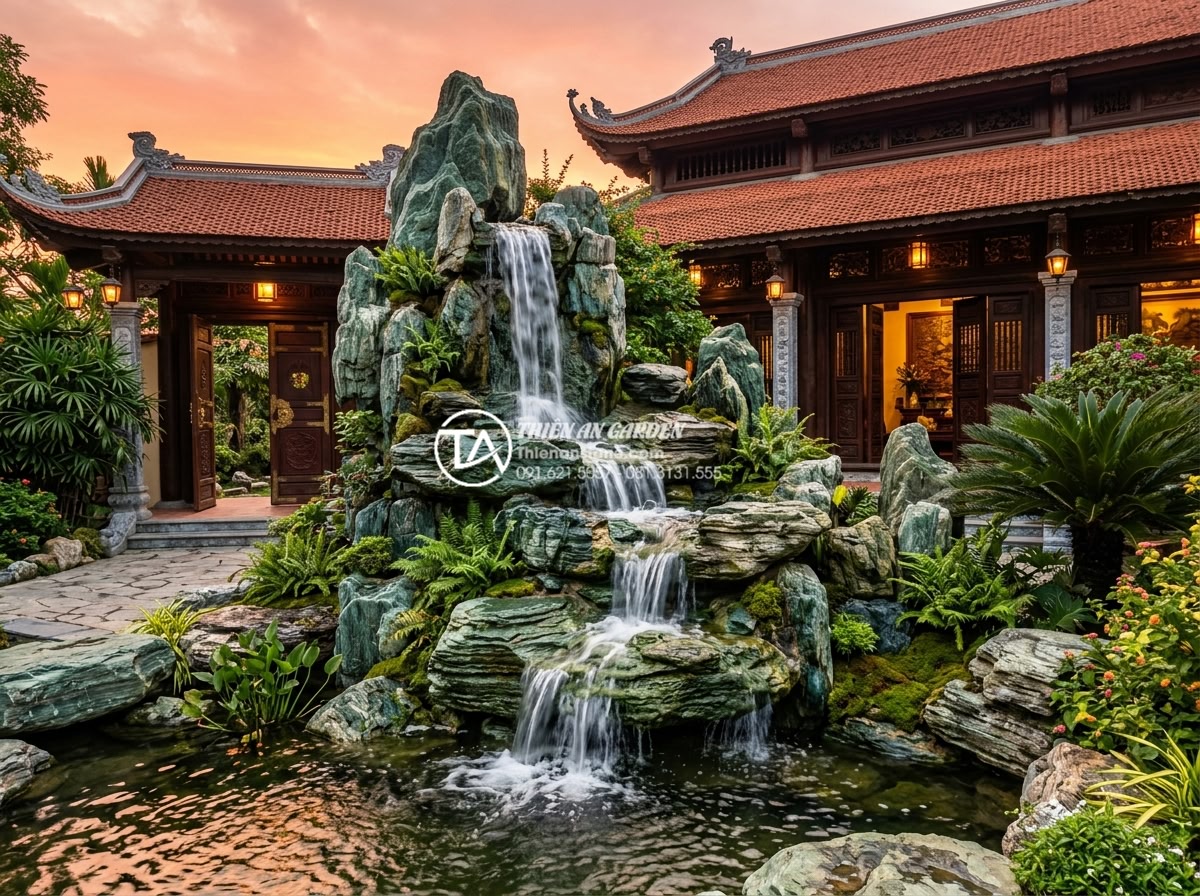 Top 10 mẫu non bộ kết hợp thác nước phong thủy cực phẩm cho biệt thự - Majestic three-tier natural black granite non-bo rockery with powerful cascading