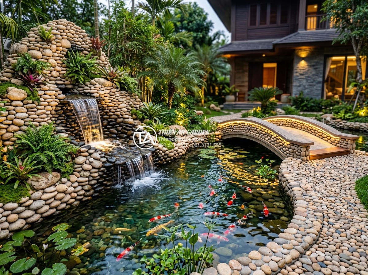 Top 10 mẫu non bộ kết hợp thác nước phong thủy cực phẩm cho biệt thự - Luxury villa garden with large natural stone non-bo rockery and cascading waterf