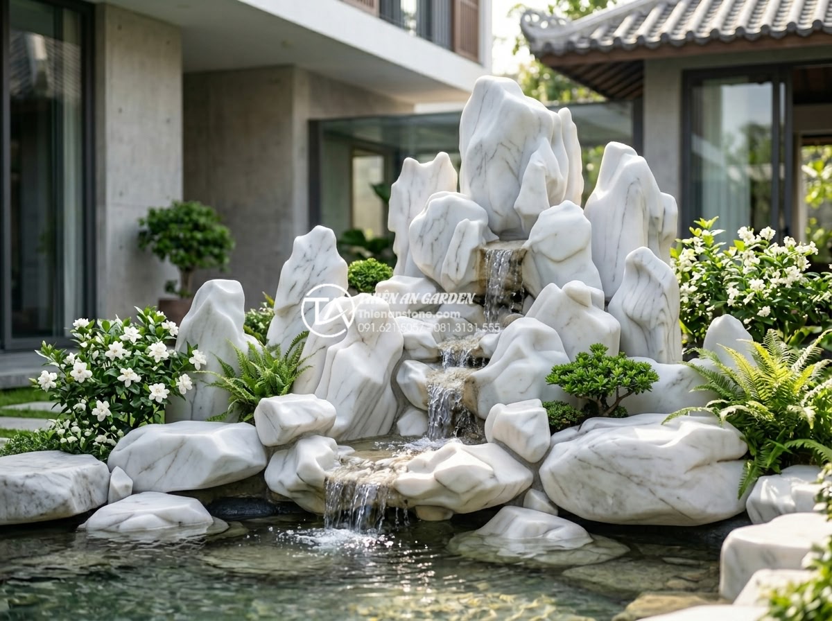 Top 10 mẫu non bộ kết hợp thác nước phong thủy cực phẩm cho biệt thự - Elegant pure white marble non-bo rockery with delicate cascading waterfall, luxu