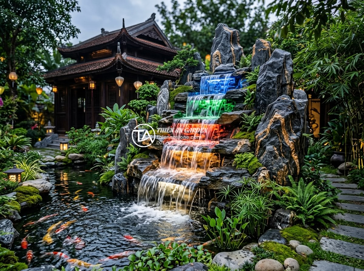 Top 10 mẫu non bộ kết hợp thác nước phong thủy cực phẩm cho biệt thự - Spectacular five-element feng shui natural stone non-bo with cascading waterfall