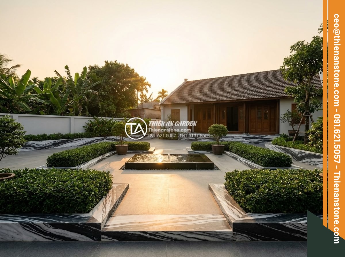 Top 15 mẫu tiểu cảnh sân trước cho nhà cấp 4 đơn giản mà cực sang - Hình 3 Top 15 mẫu tiểu cảnh sân trước cho nhà cấp 4 đơn giản mà cực sang - Wide angle photorealistic rendering of elegant minimalist front yard design for