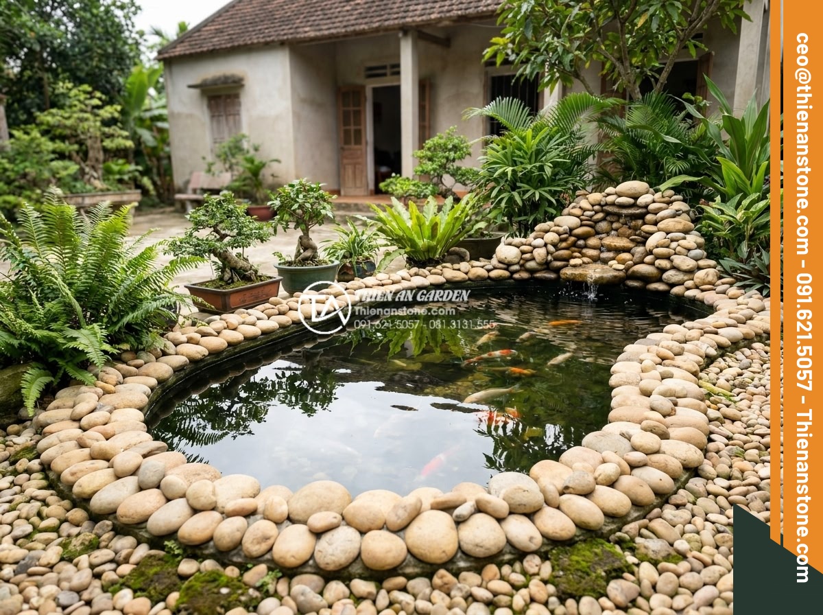 Top 15 mẫu tiểu cảnh sân trước cho nhà cấp 4 đơn giản mà cực sang - Hình 6 Top 15 mẫu tiểu cảnh sân trước cho nhà cấp 4 đơn giản mà cực sang - Photorealistic image of tranquil small Koi pond front yard landscape at Vietname