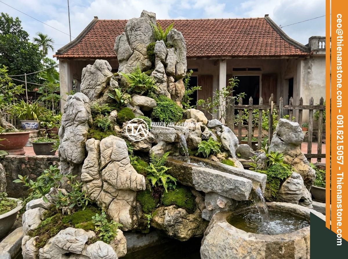 Top 15 mẫu tiểu cảnh sân trước cho nhà cấp 4 đơn giản mà cực sang - Hình 7 Top 15 mẫu tiểu cảnh sân trước cho nhà cấp 4 đơn giản mà cực sang - Artistic photorealistic rendering of intricate natural stone rockery and small w
