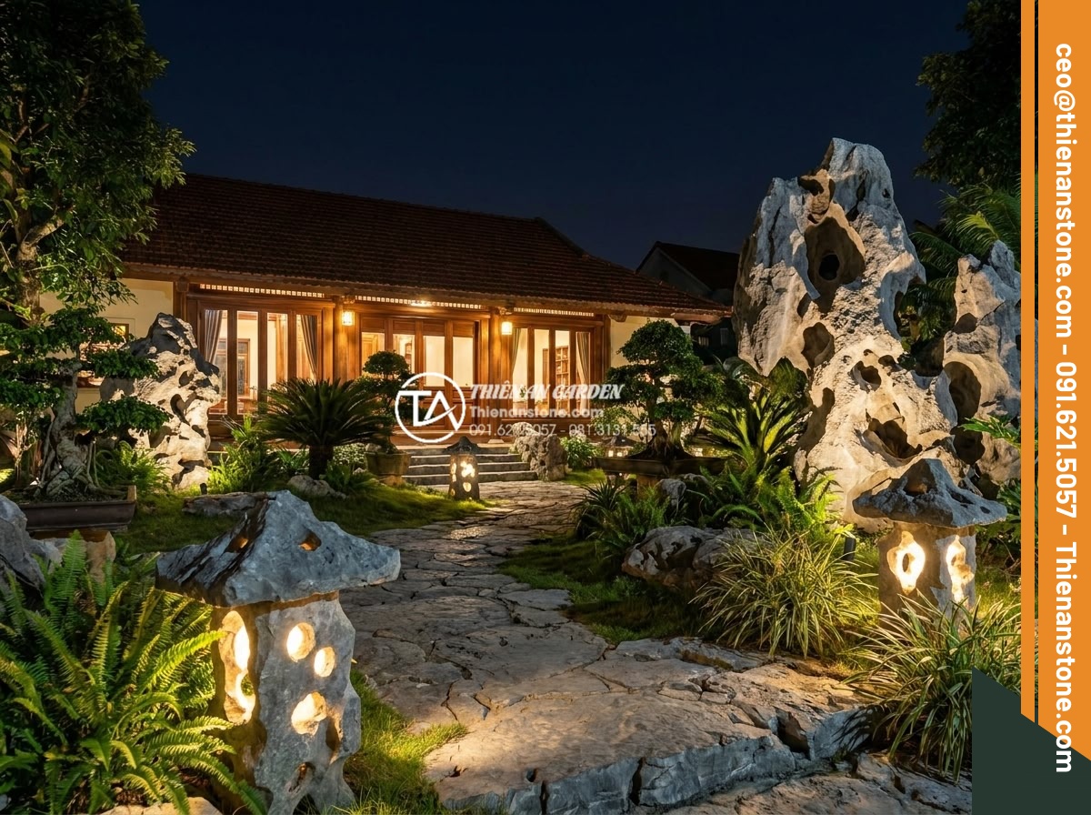 Top 15 mẫu tiểu cảnh sân trước cho nhà cấp 4 đơn giản mà cực sang - Hình 8 Top 15 mẫu tiểu cảnh sân trước cho nhà cấp 4 đơn giản mà cực sang - Photorealistic night view of beautifully lit front yard small landscape at Vietn