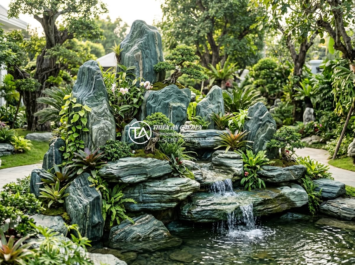 Top 5 đơn vị cung cấp đá cảnh làm non bộ uy tín nhất tại Việt Nam - Professional wide-angle photograph of a luxurious Vietnamese garden featuring a