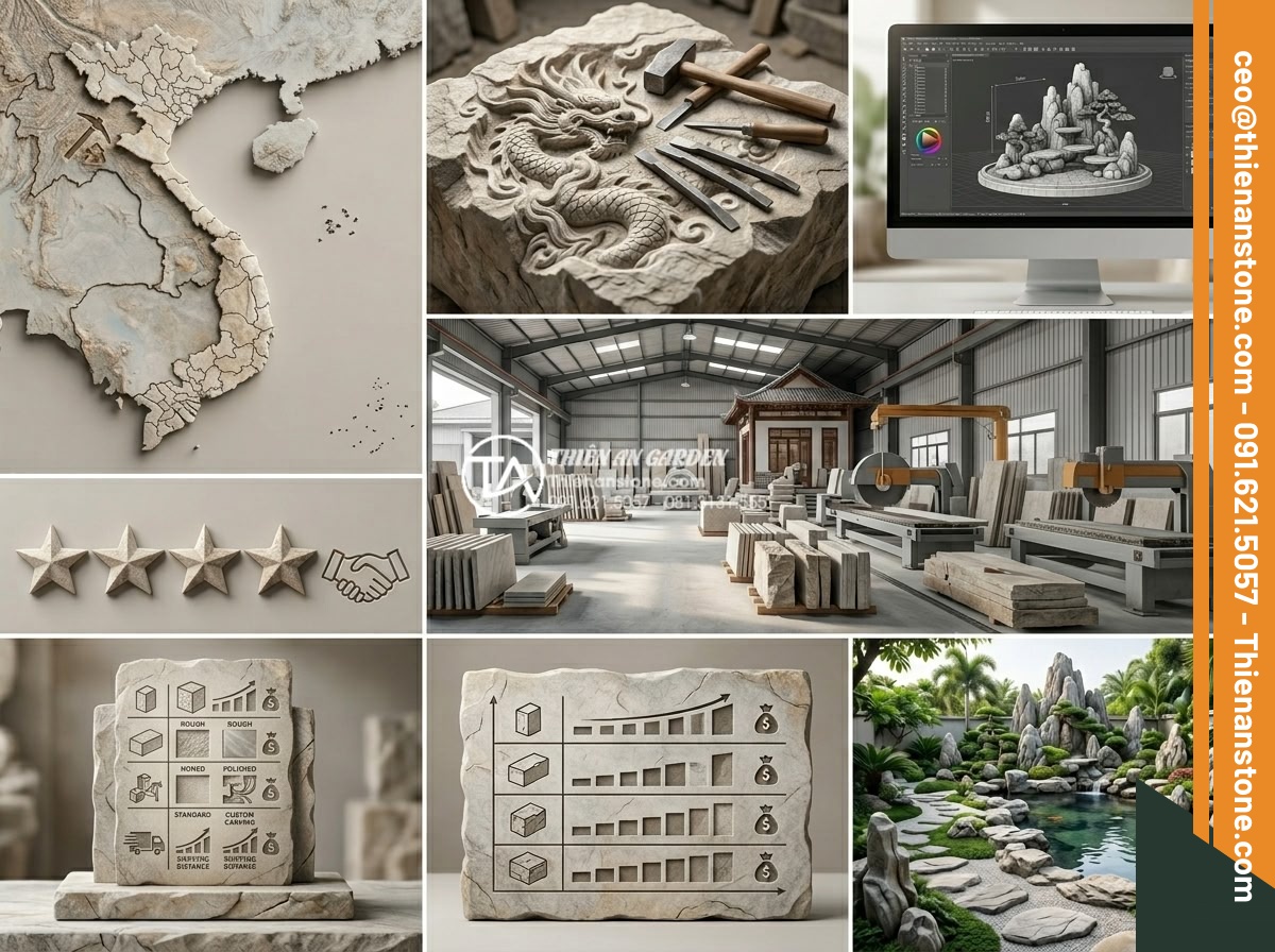 Top 5 đơn vị cung cấp đá cảnh làm non bộ uy tín nhất tại Việt Nam - Infographic style realistic image showing 8 key criteria icons for choosing repu