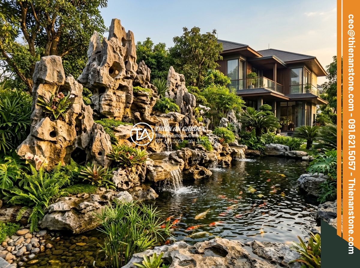 Top 5 đơn vị cung cấp đá cảnh làm non bộ uy tín nhất tại Việt Nam - High-end realistic photo of completed luxury non-bo project by Thien An Stone: e