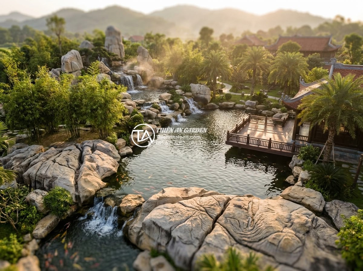 Top 5 đơn vị thi công tiểu cảnh đá mỹ nghệ uy tín nhất hiện nay - Stunning aerial view of a high-end resort stone garden in Vietnam, featuring mul