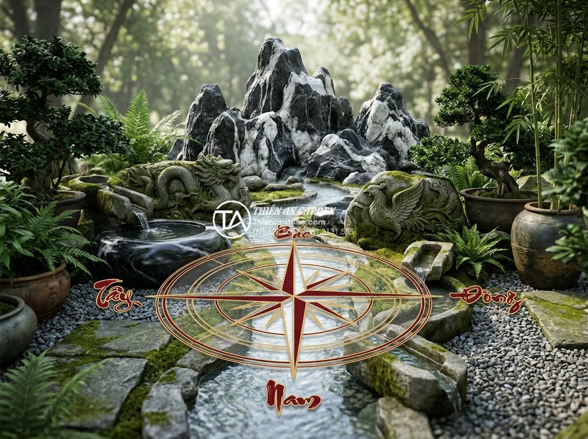 Top 5 đơn vị thi công tiểu cảnh đá mỹ nghệ uy tín nhất hiện nay - Artistic rendering of traditional Vietnamese Feng Shui stone garden layout with 