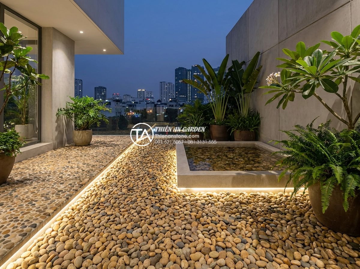 Top 5 đơn vị thi công tiểu cảnh đá mỹ nghệ uy tín nhất hiện nay - Modern contemporary stone garden in Ho Chi Minh City villa, sleek granite slabs,