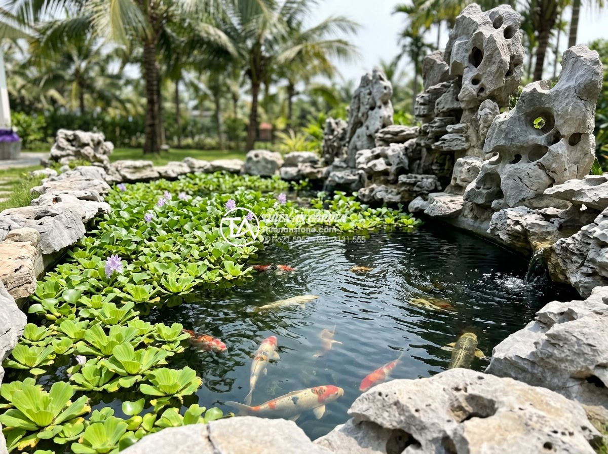 Top 5 loại cây thủy sinh dễ trồng nhất cho hồ cá ngoài trời - Serene outdoor Vietnamese koi pond in a luxury villa garden, abundant floating w