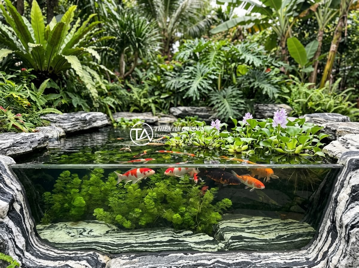 Top 5 loại cây thủy sinh dễ trồng nhất cho hồ cá ngoài trời - Side view of outdoor koi pond showing hornwort plants growing from natural stone