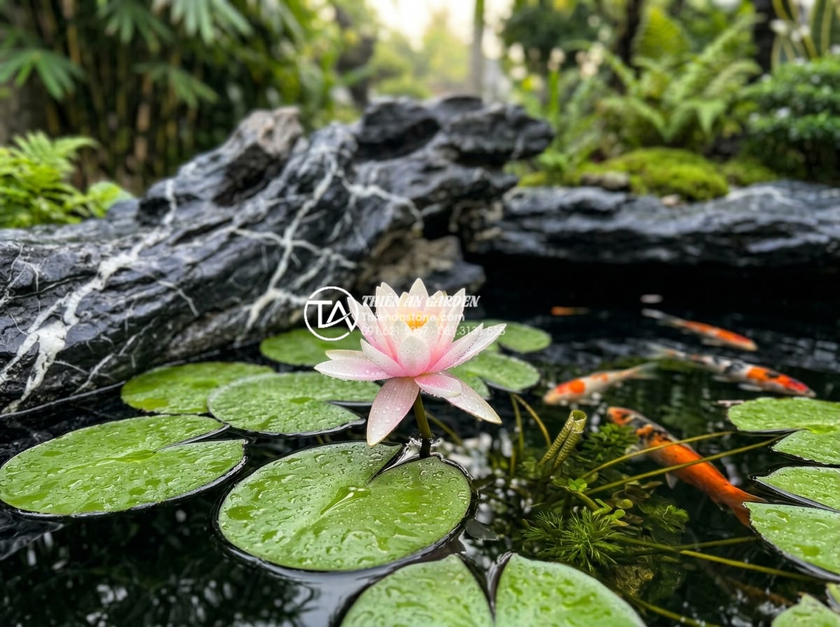 Top 5 loại cây thủy sinh dễ trồng nhất cho hồ cá ngoài trời - Close-up of water lily flower and leaves on a koi pond with natural stone in the