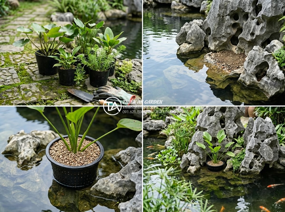Top 5 loại cây thủy sinh dễ trồng nhất cho hồ cá ngoài trời - Step-by-step professional illustration style showing planting aquatic plants in 