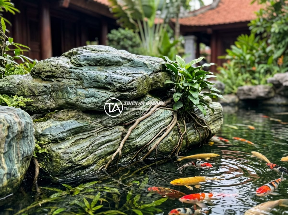Top 5 loại cây thủy sinh dễ trồng nhất cho hồ cá ngoài trời - Detailed view of natural stone and aquatic plant integration in a koi pond, root