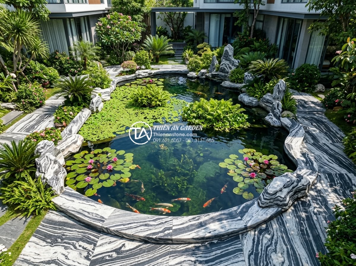 Top 5 loại cây thủy sinh dễ trồng nhất cho hồ cá ngoài trời - Aerial view of a large outdoor koi pond in a modern Vietnamese villa, perfectly 