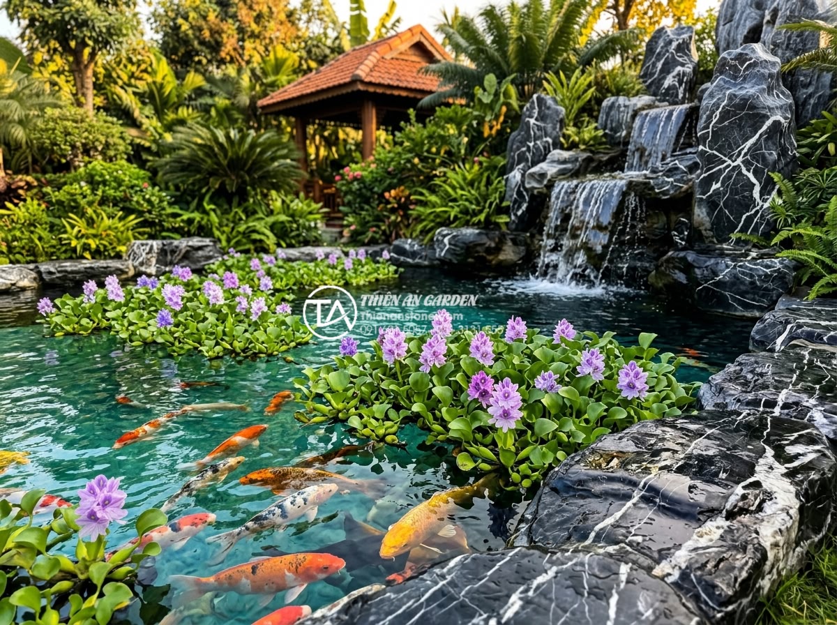 Top 5 loại cây thủy sinh dễ trồng nhất cho hồ cá ngoài trời - Beautiful outdoor koi pond featuring dense clusters of water hyacinth plants wit