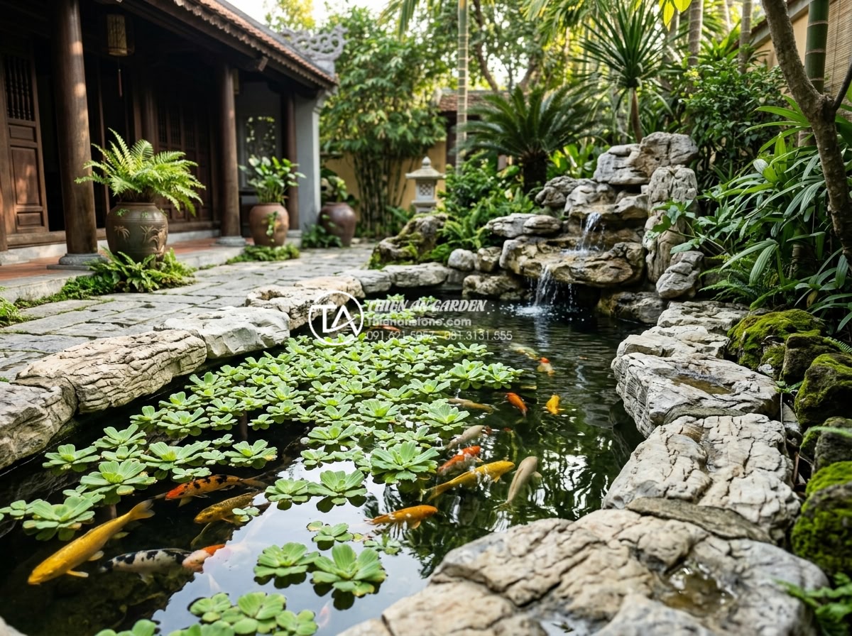Top 5 loại cây thủy sinh dễ trồng nhất cho hồ cá ngoài trời - Elegant small outdoor koi pond in a private villa courtyard, covered with delica