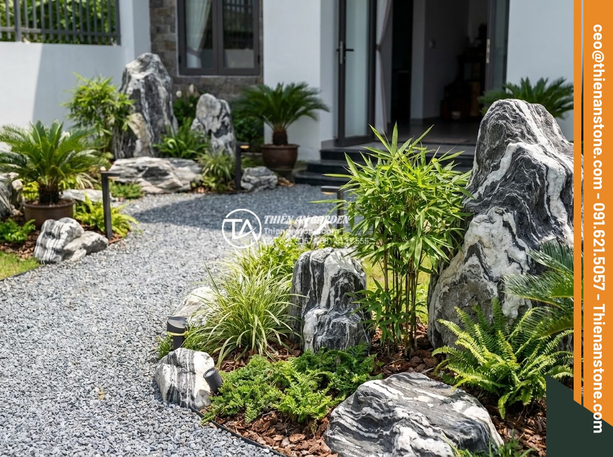 Top 7 loại cây bền bỉ, dễ chăm sóc nhất cho tiểu cảnh sân trước nắng gắt - Comprehensive realistic rendering of a complete modern Vietnamese front yard sma